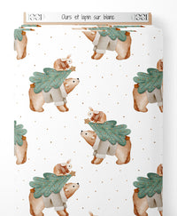 Tissu - Ours et lapin sur blanc