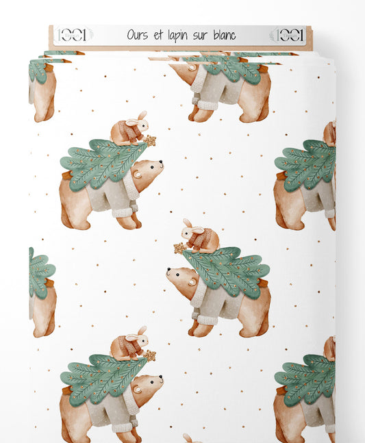 Tissu - Ours et lapin sur blanc
