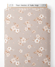 Tissu - Fleurs blanches et feuilles beige