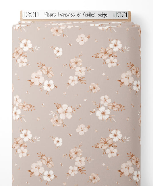 Tissu - Fleurs blanches et feuilles beige