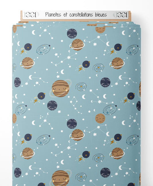 Tissu - Planètes et constellations bleues