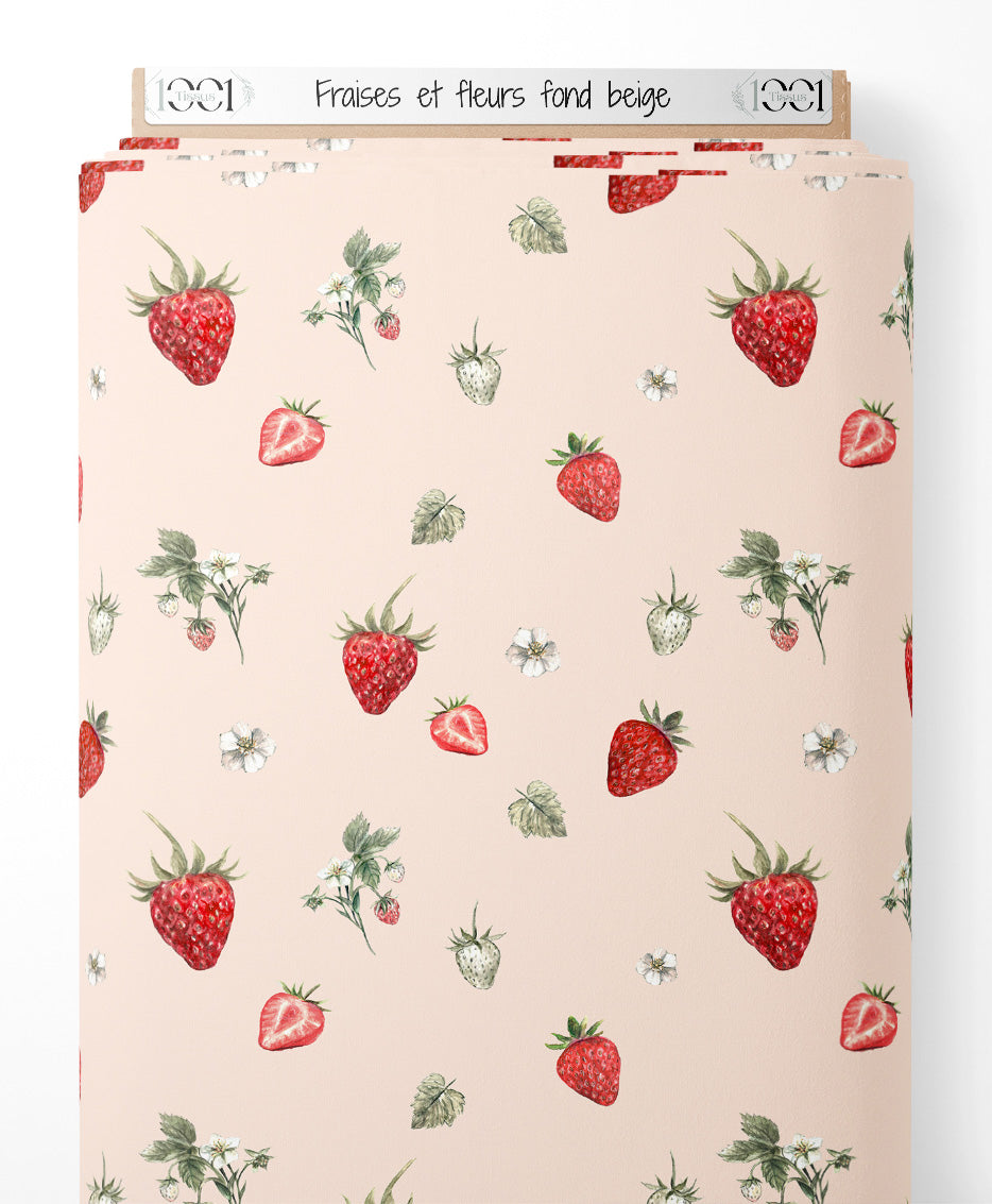 Tissu - Fraises et fleurs sur fond beige