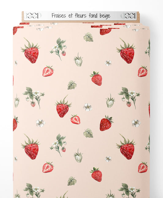 Tissu - Fraises et fleurs sur fond beige