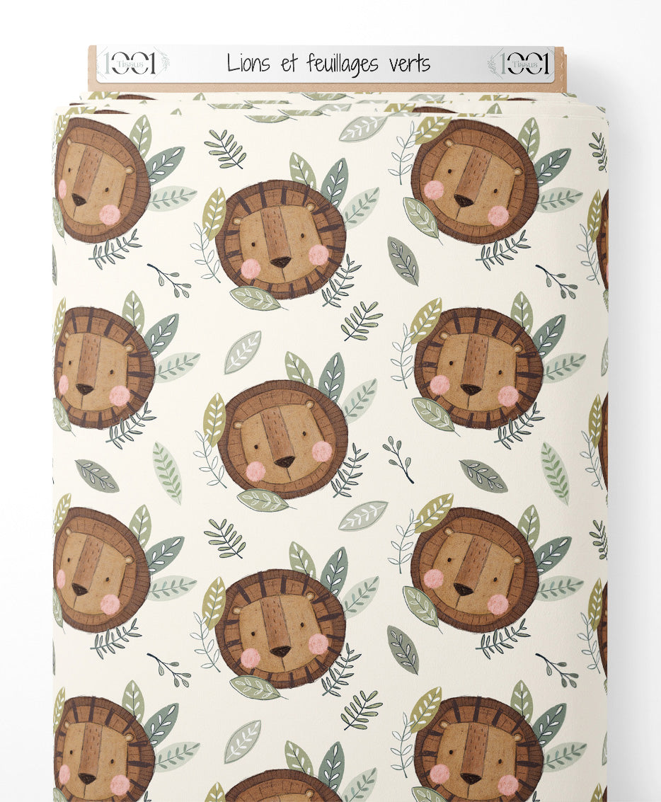 Tissu - Lions et feuillages verts