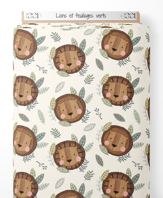 Tissu - Lions et feuillages verts