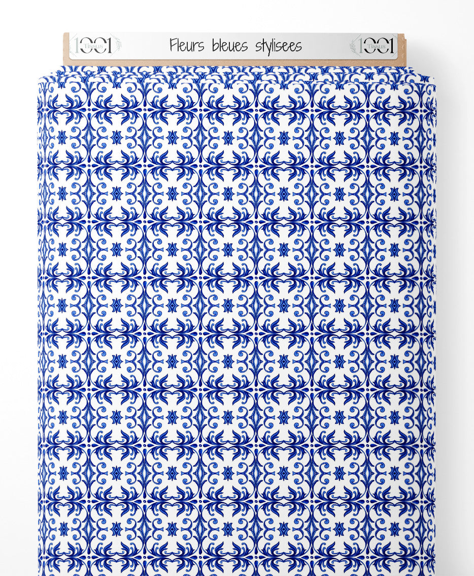 Tissu - Fleurs bleues stylisées