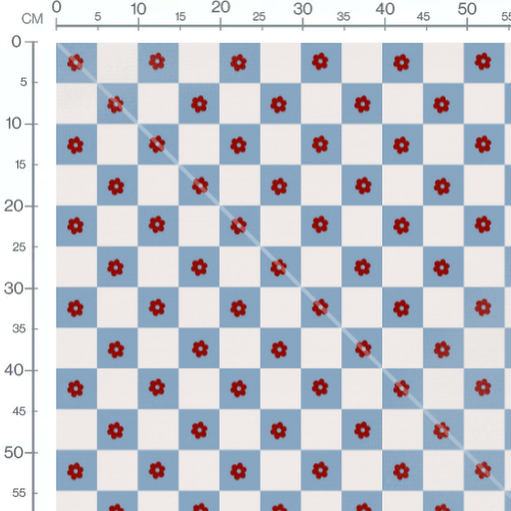Tissu - Carreaux bleus fleurs rouges