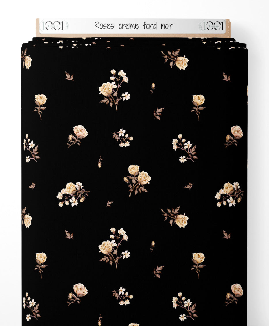 Tissu - Roses crème sur fond noir