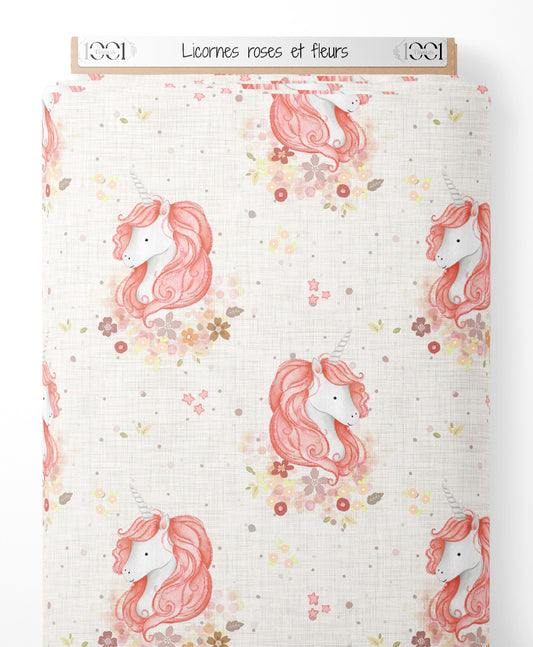 Tissu - Licornes roses et fleurs