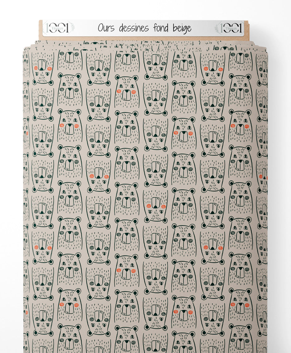 Tissu - Ours dessinés fond beige