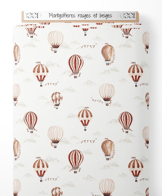 Tissu - Montgolfières rouges et beiges