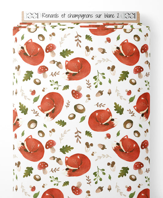Tissu - Renards et champignons sur blanc 2
