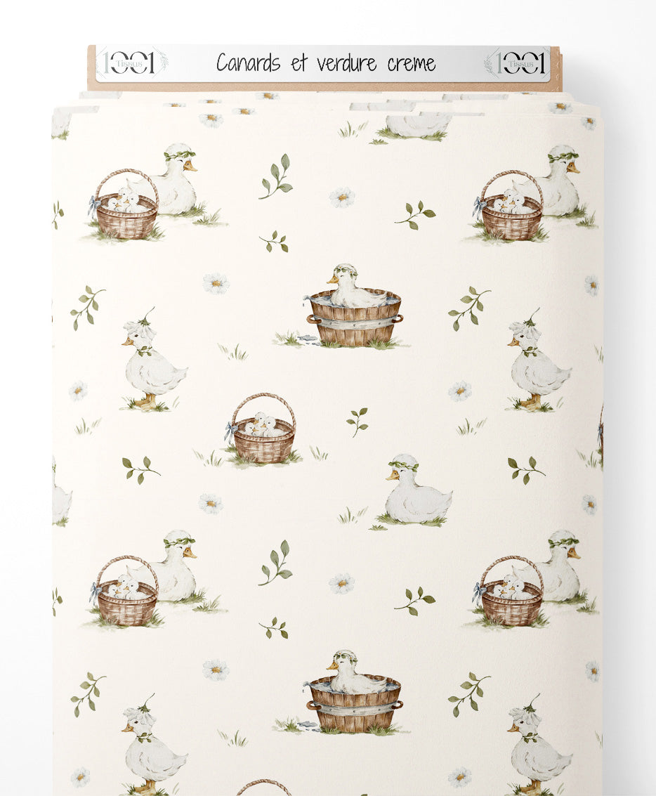 Tissu - Canards et verdure crème