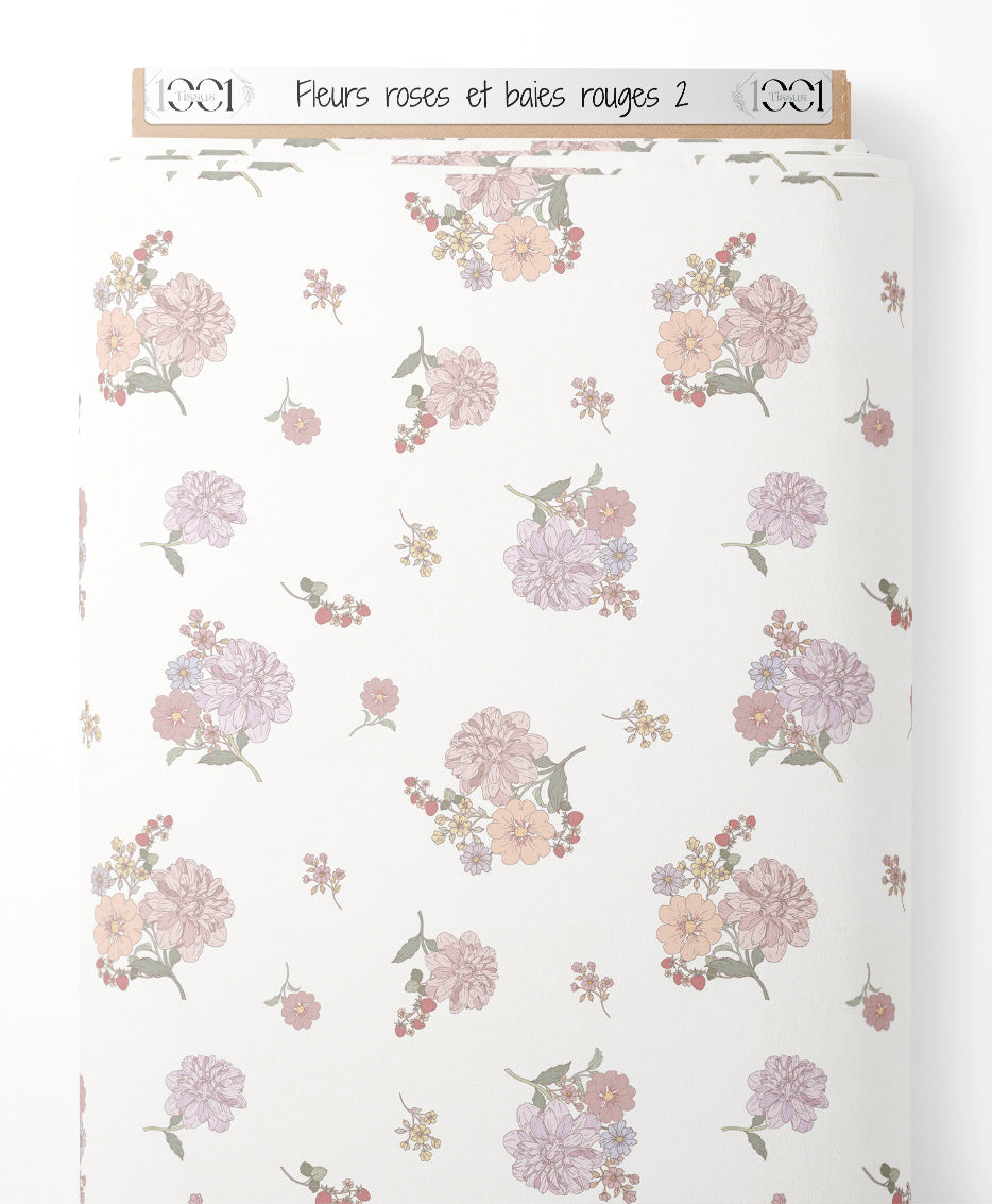 Tissu - Fleurs roses et baies rouges 2
