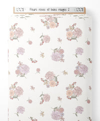 Tissu - Fleurs roses et baies rouges 2