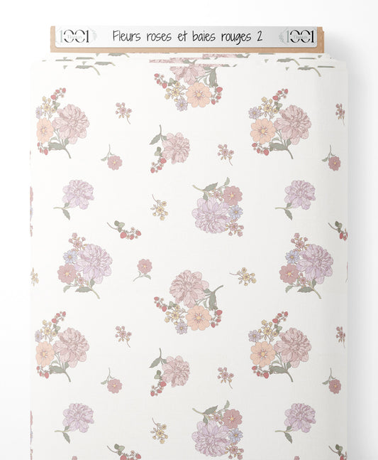 Tissu - Fleurs roses et baies rouges 2