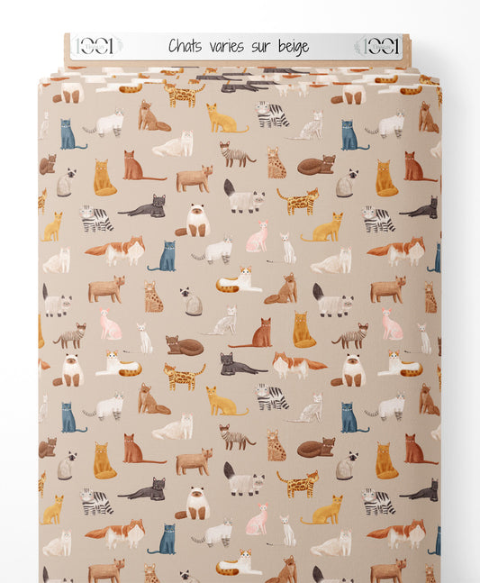Tissu - Chats variés sur beige