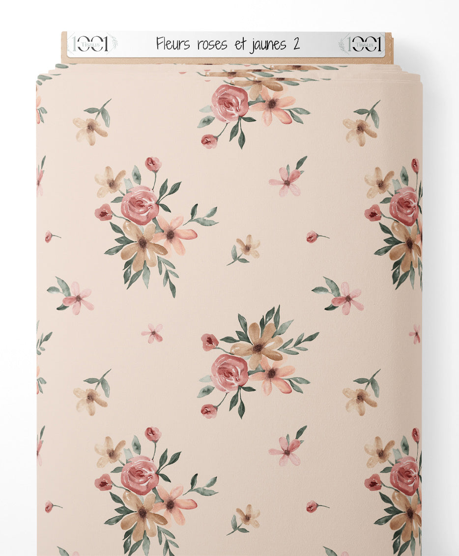 Tissu - Fleurs roses et jaunes 2