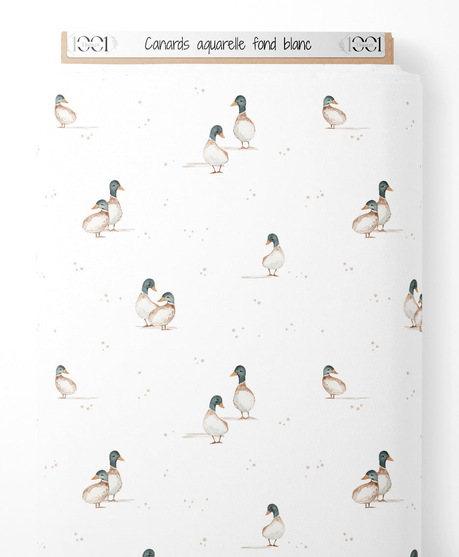 Tissu - Canards aquarelle fond blanc