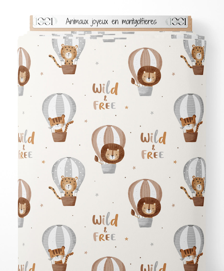 Tissu - Animaux joyeux en montgolfières