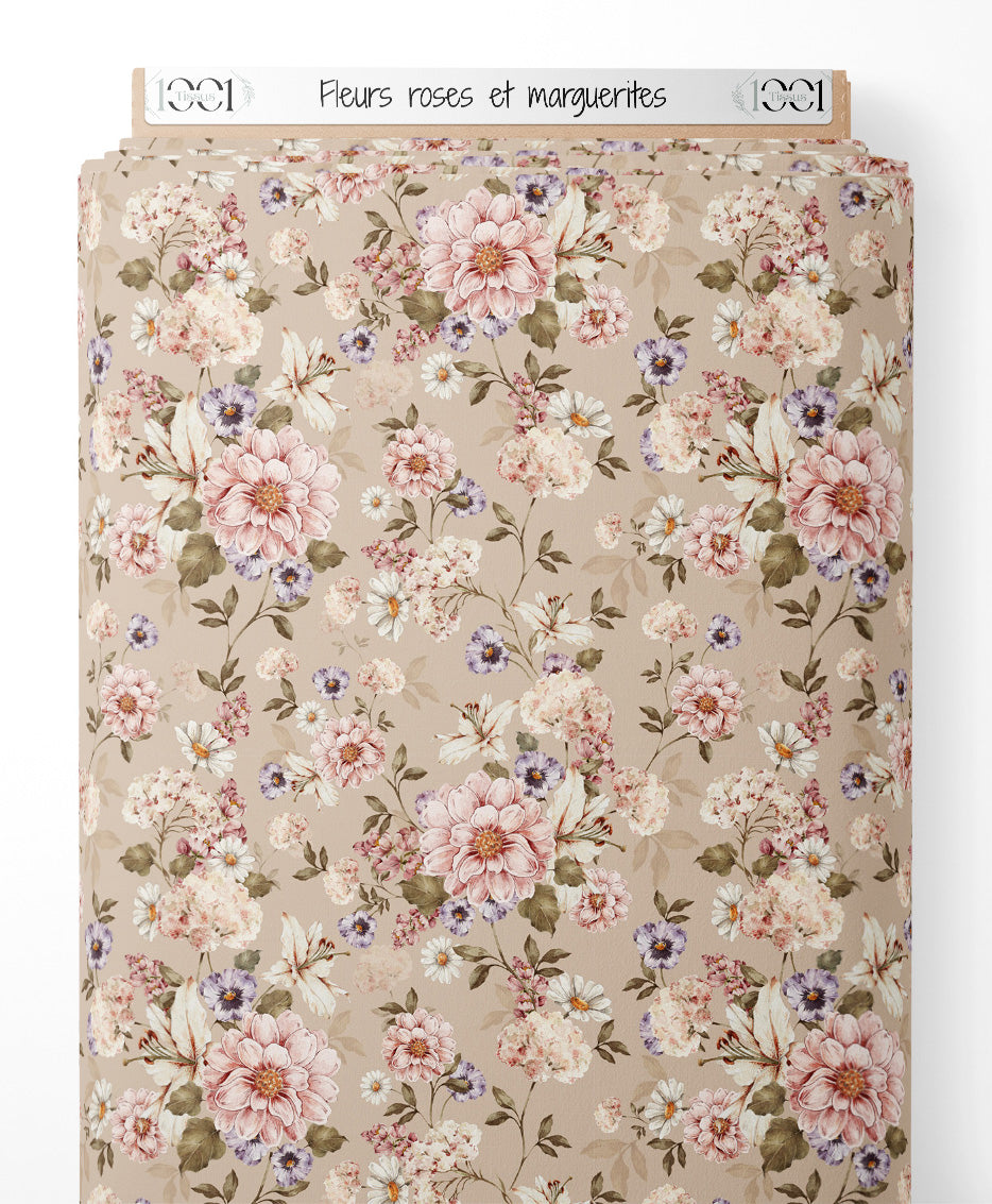 Tissu - Fleurs roses et marguerites