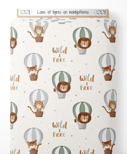 Tissu - Lions et tigres en montgolfières