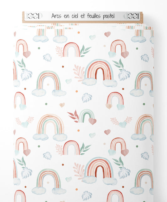 Tissu - Arcs-en-ciel et feuilles pastel