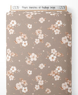 Tissu - Fleurs blanches et feuillage beige