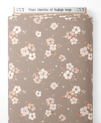 Tissu - Fleurs blanches et feuillage beige