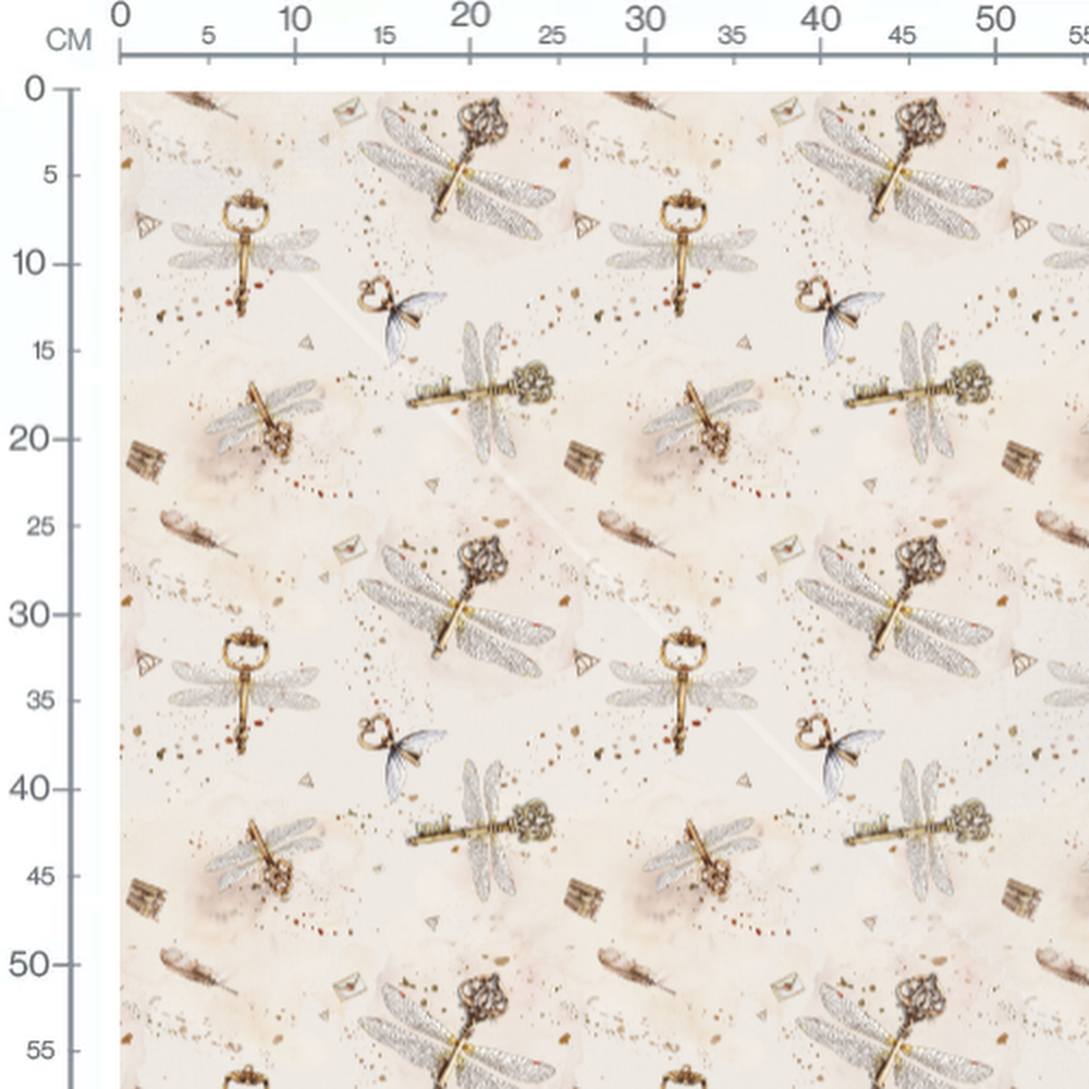 Tissu - Libellules et clés anciennes