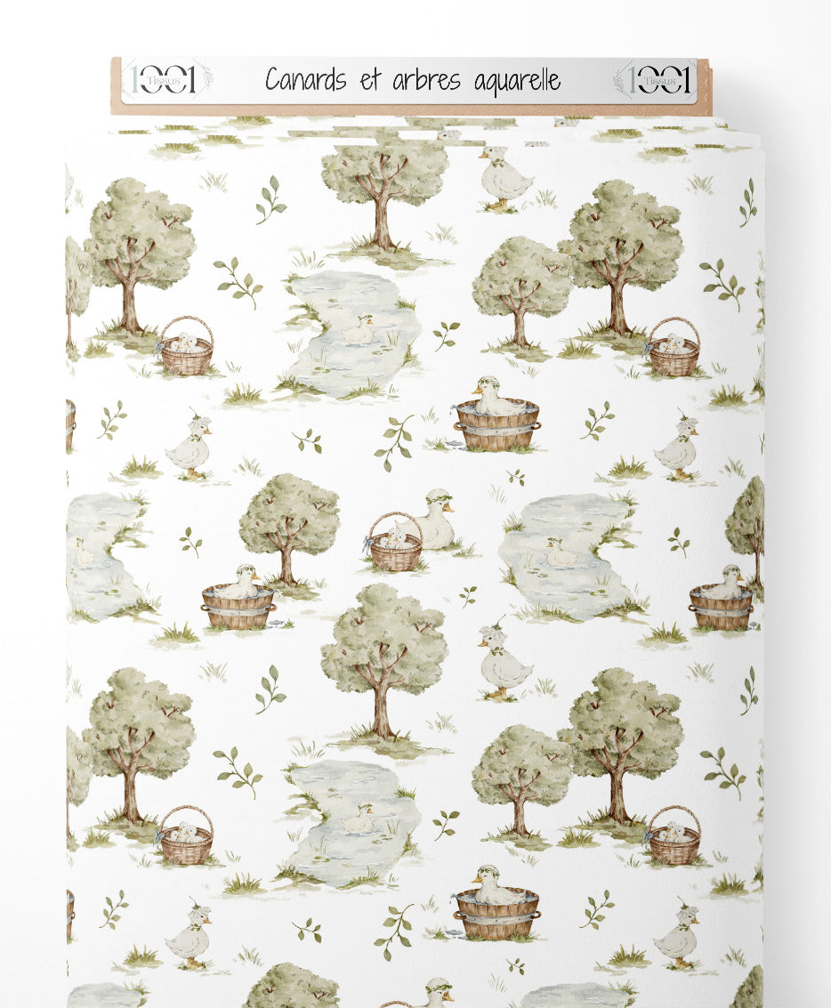 Tissu - Canards et arbres aquarelle