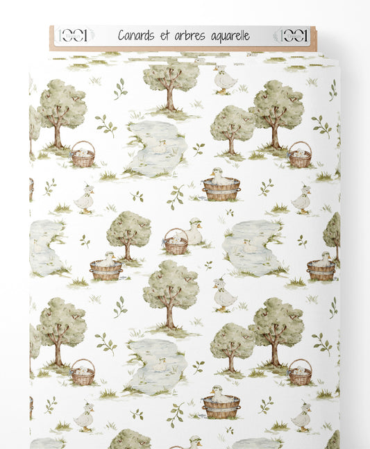 Tissu - Canards et arbres aquarelle