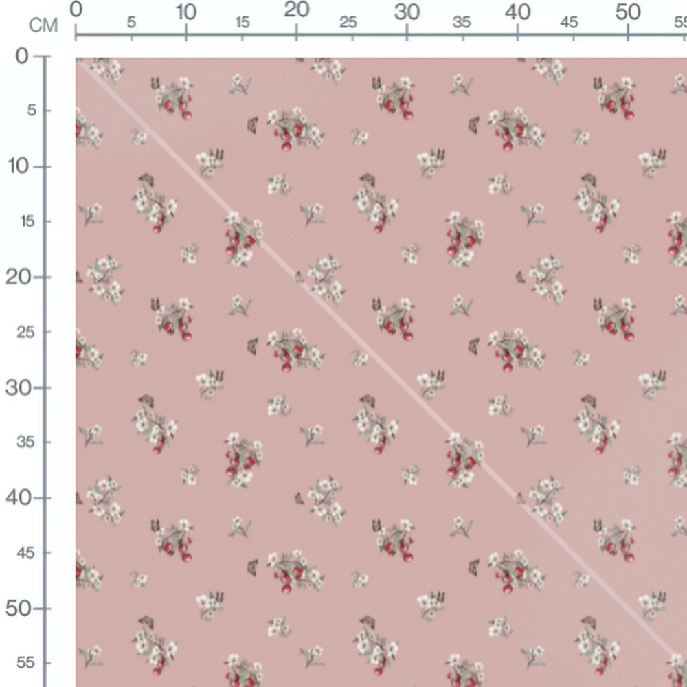 Tissu - Fleurs et cerises sur fond rose