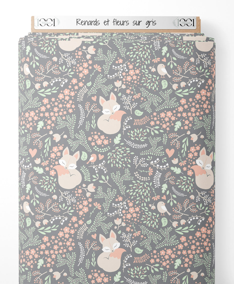 Tissu - Renards et fleurs sur gris