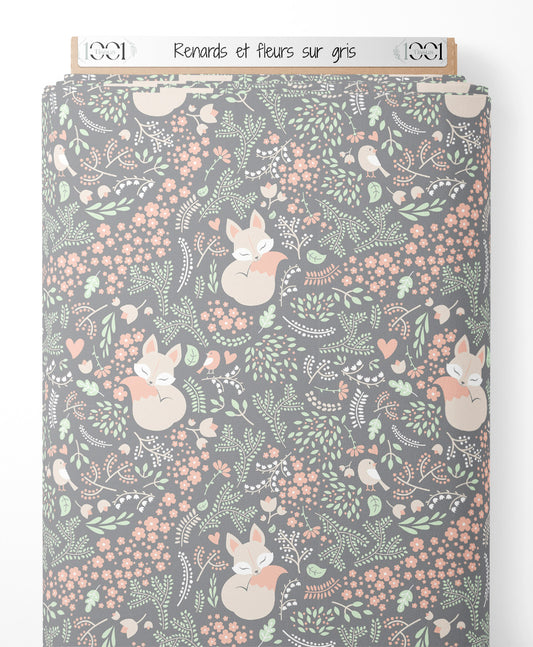 Tissu - Renards et fleurs sur gris