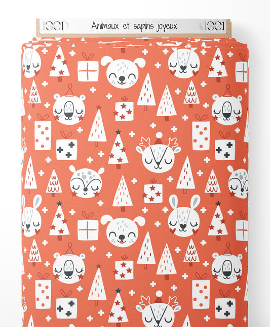 Tissu - Animaux et sapins joyeux