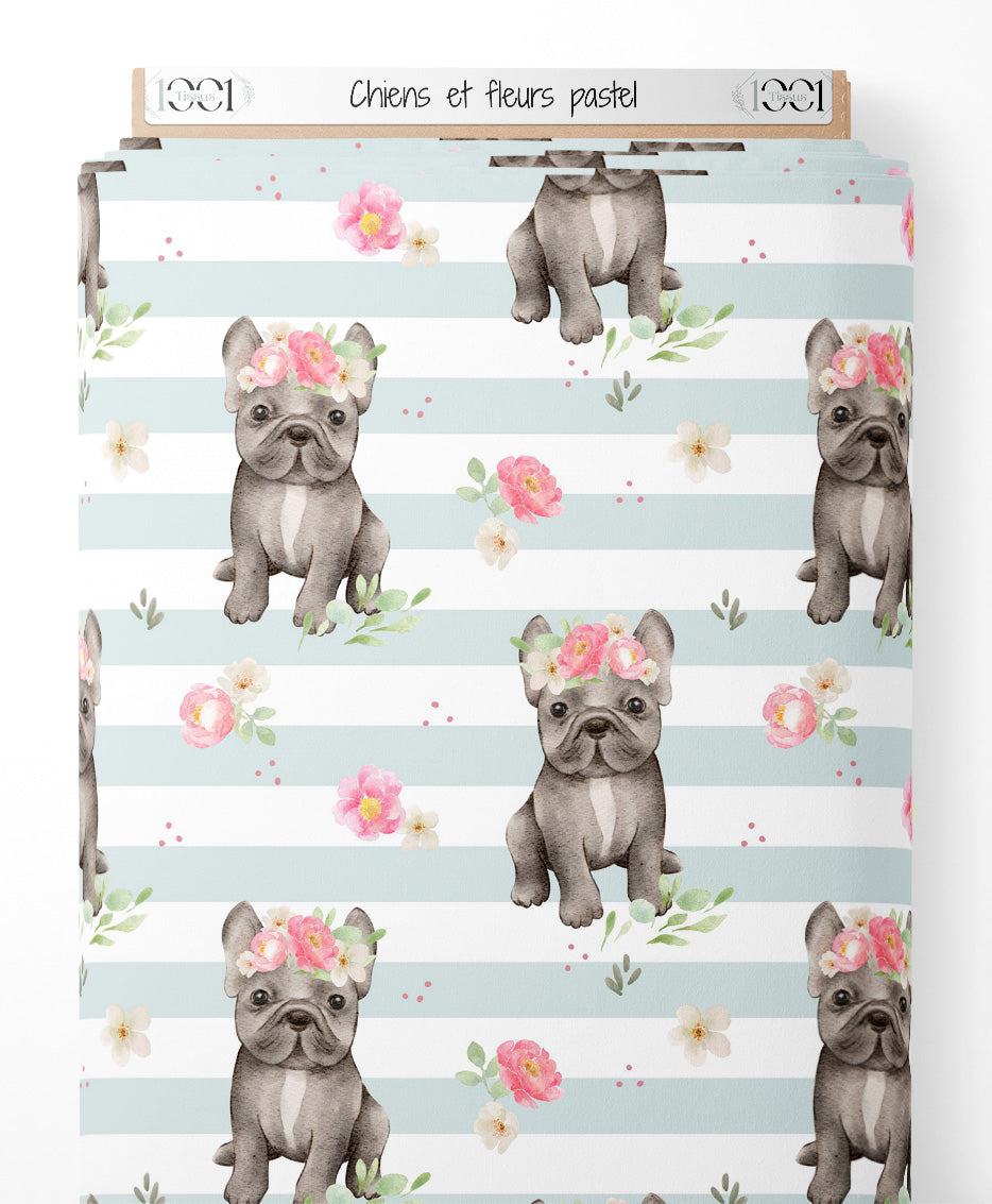 Tissu - Chiens et fleurs pastel