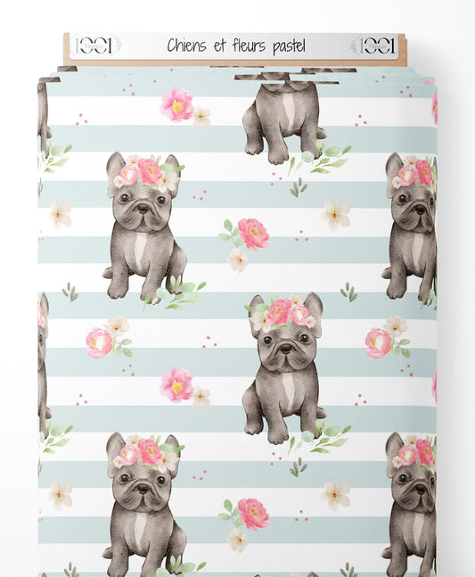 Tissu - Chiens et fleurs pastel
