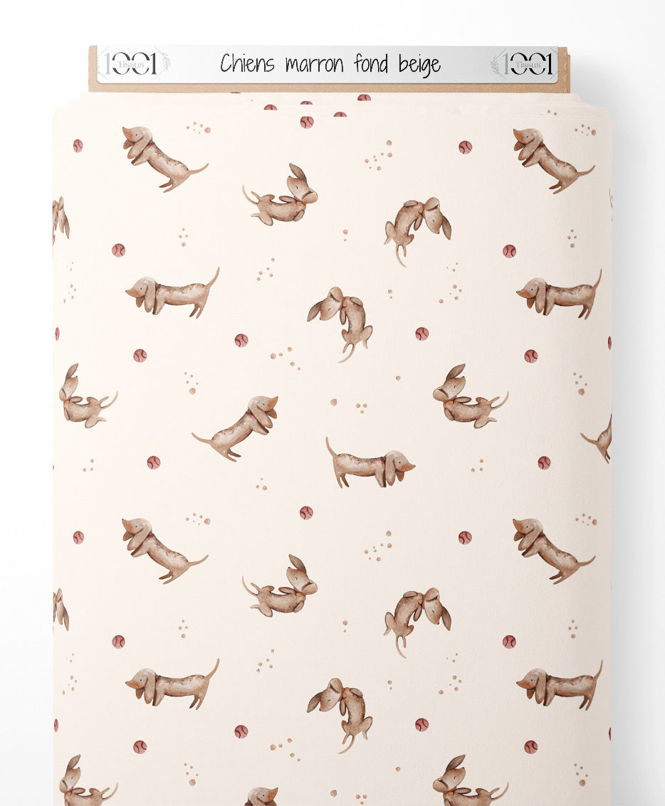 Tissu - Chiens marron sur fond beige