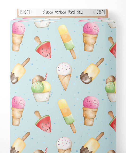 Tissu - Glaces variées sur fond bleu