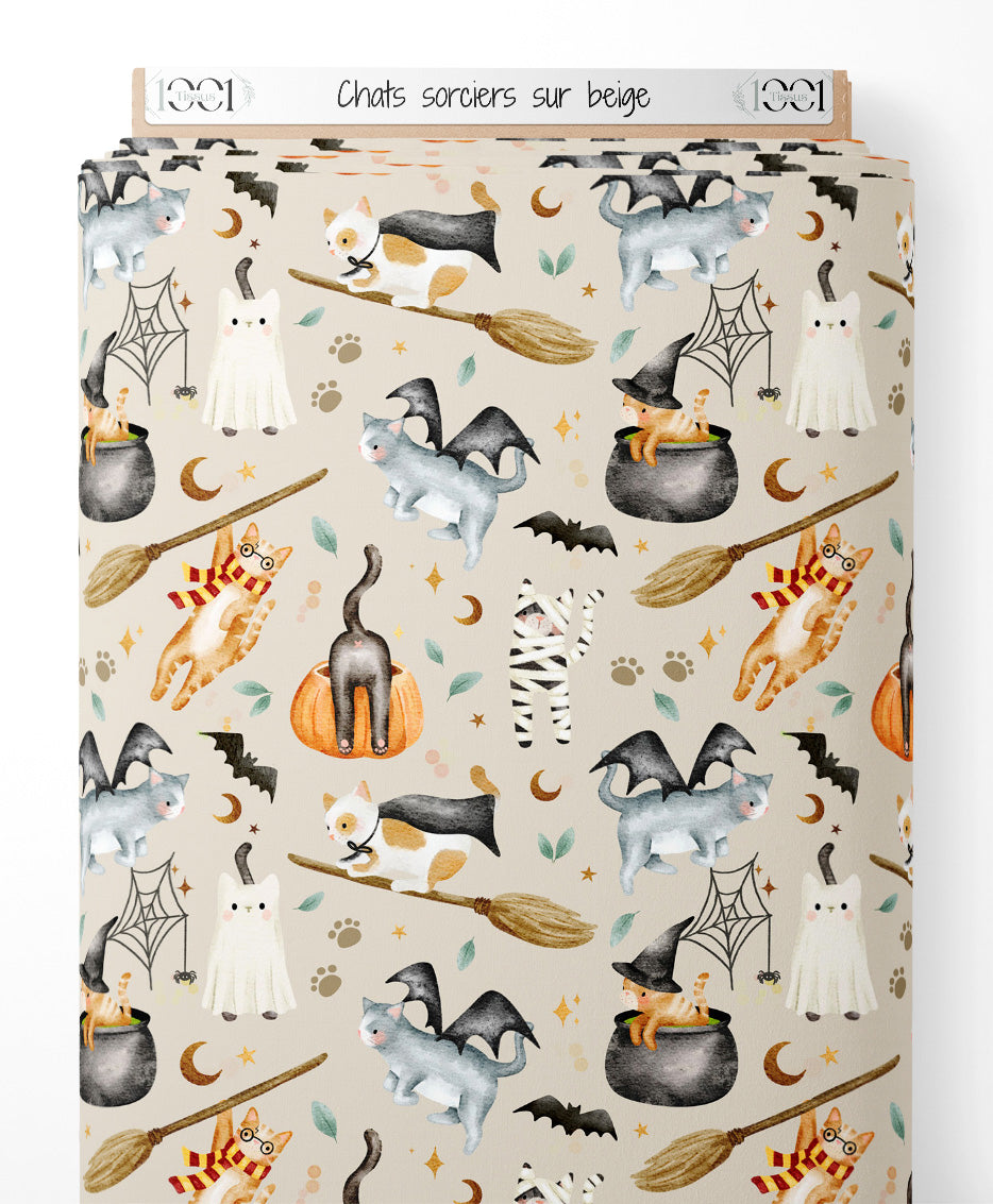 Tissu - Chats sorciers sur beige
