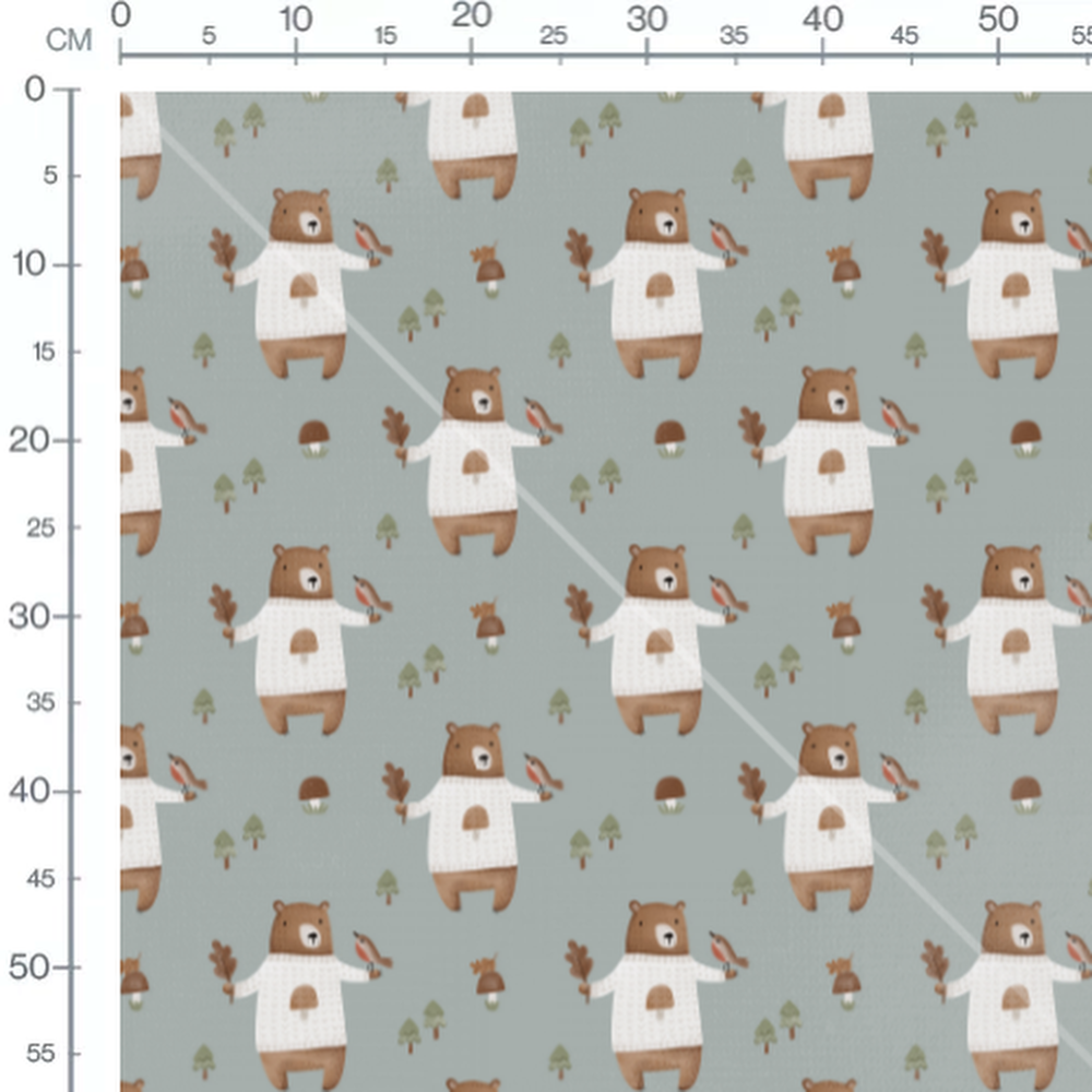 Tissu - Ours et oiseaux sur fond vert