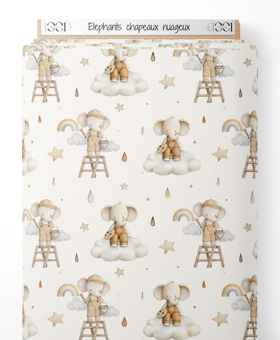 Tissu - Éléphants chapeaux nuageux
