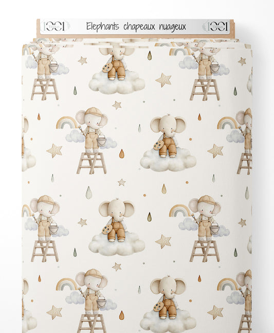 Tissu - Éléphants chapeaux nuageux