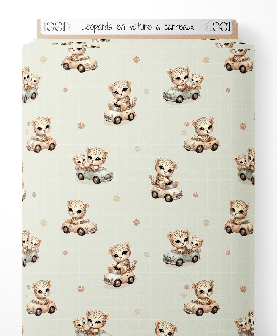 Tissu - Léopards en voiture à carreaux