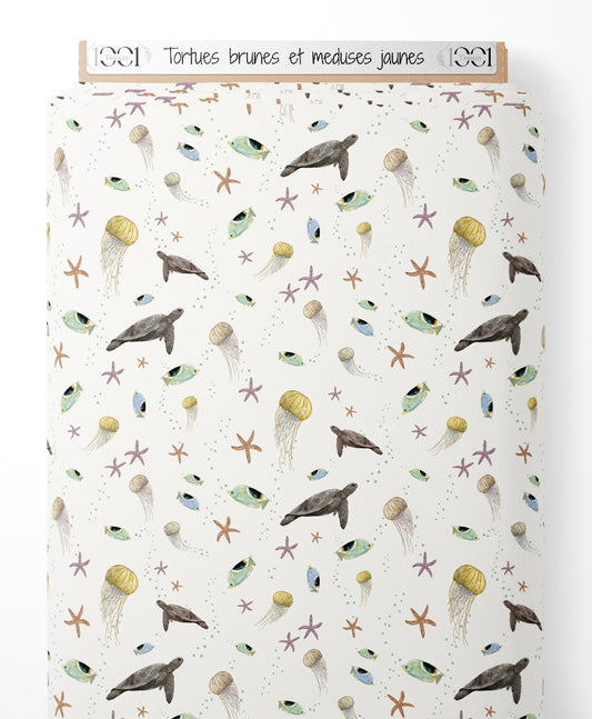 Tissu - Tortues brunes et méduses jaunes