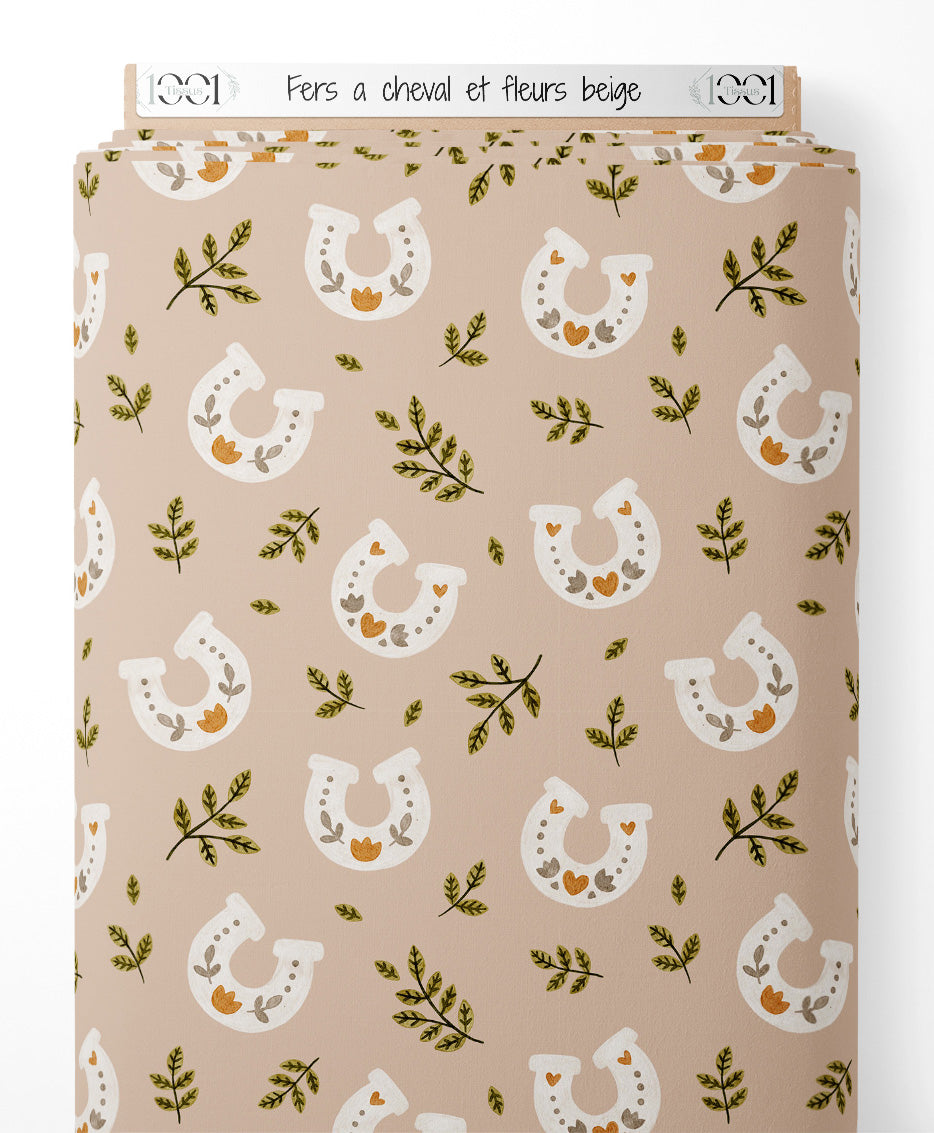 Tissu - Fers à cheval et fleurs beige