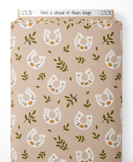 Tissu - Fers à cheval et fleurs beige
