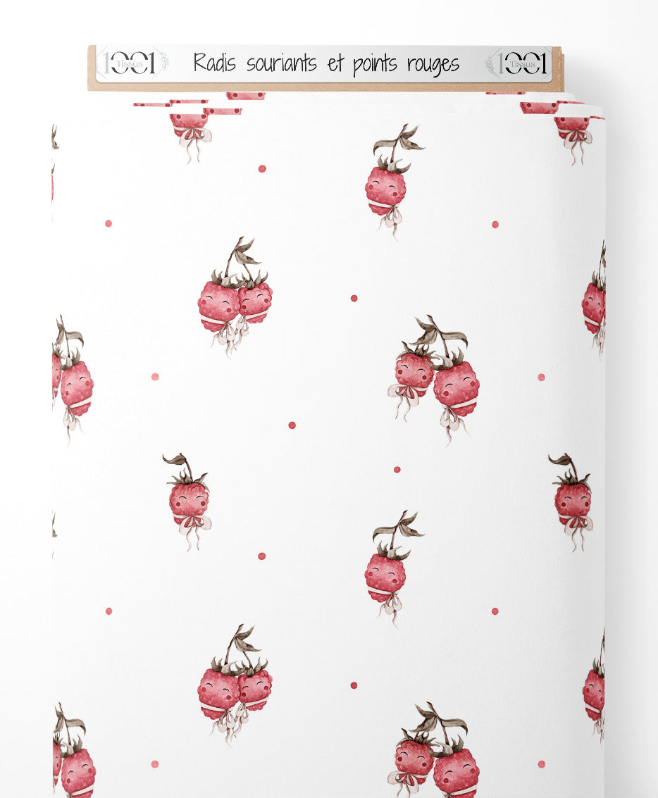 Tissu - Radis souriants et points rouges