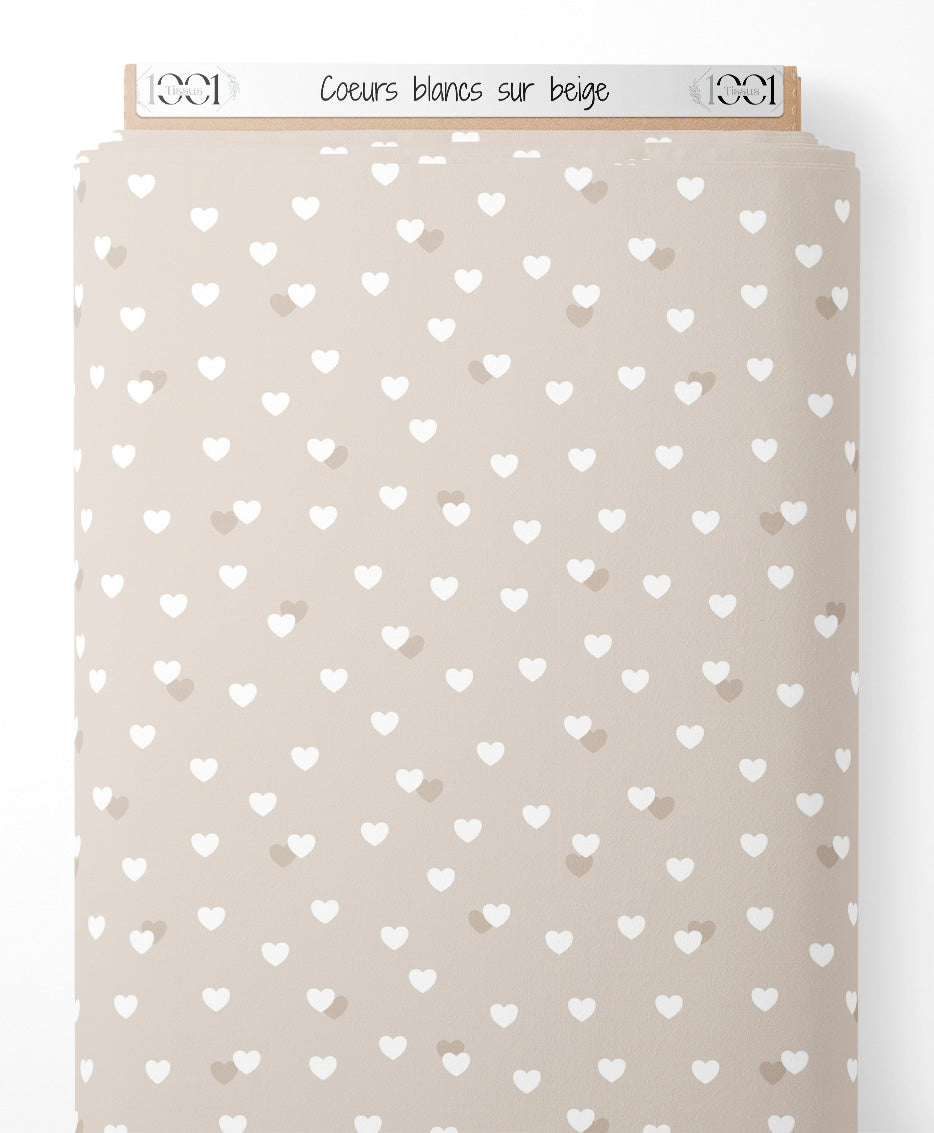 Tissu - Cœurs blancs sur beige